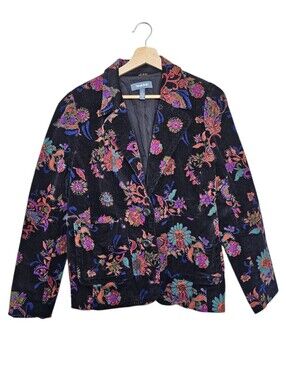 Modcloth Black Floral Print Colorful Corduroy Blazer Jacket Size Large